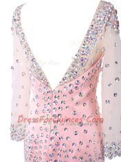 Best Selling Pink Column/Sheath Scoop Long Sleeves Satin Mini Length Zipper Beading Prom Dress