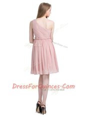 Romantic Pink One Shoulder Neckline Ruching Prom Evening Gown Sleeveless Side Zipper
