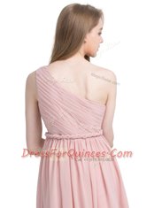 Romantic Pink One Shoulder Neckline Ruching Prom Evening Gown Sleeveless Side Zipper