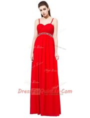 Popular Floor Length Side Zipper Evening Dress Red for Prom and Party with Beading
