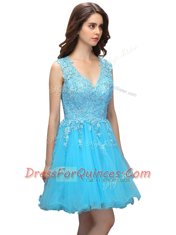 Baby Blue A-line Organza V-neck Sleeveless Beading and Appliques Knee Length Backless Homecoming Dress
