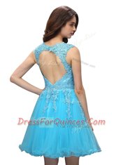 Baby Blue A-line Organza V-neck Sleeveless Beading and Appliques Knee Length Backless Homecoming Dress