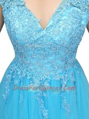 Baby Blue A-line Organza V-neck Sleeveless Beading and Appliques Knee Length Backless Homecoming Dress