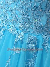 Baby Blue A-line Organza V-neck Sleeveless Beading and Appliques Knee Length Backless Homecoming Dress
