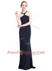 Classical Black Chiffon Zipper High-neck Sleeveless Floor Length Prom Party Dress Beading
