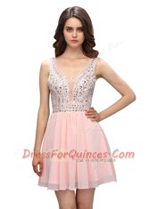 Unique Baby Pink V-neck Neckline Beading Homecoming Dress Sleeveless Zipper