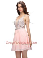 Unique Baby Pink V-neck Neckline Beading Homecoming Dress Sleeveless Zipper