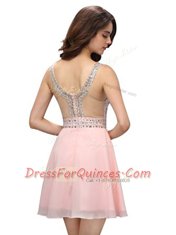 Unique Baby Pink V-neck Neckline Beading Homecoming Dress Sleeveless Zipper