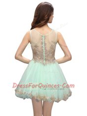 Scoop Sleeveless Mini Length Beading and Appliques Zipper Prom Evening Gown with Apple Green