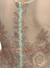 Scoop Sleeveless Mini Length Beading and Appliques Zipper Prom Evening Gown with Apple Green