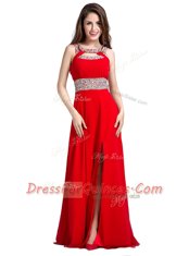 Delicate Empire Prom Dress Red Square Silk Like Satin Sleeveless Floor Length Zipper