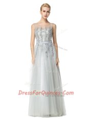 Scoop Sleeveless Floor Length Appliques Zipper Homecoming Dress with Silver