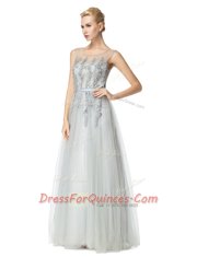 Scoop Sleeveless Floor Length Appliques Zipper Homecoming Dress with Silver