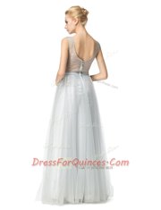Scoop Sleeveless Floor Length Appliques Zipper Homecoming Dress with Silver