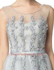 Scoop Sleeveless Floor Length Appliques Zipper Homecoming Dress with Silver