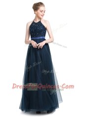 Unique Navy Blue Empire Tulle Halter Top Sleeveless Beading Floor Length Zipper Prom Dress