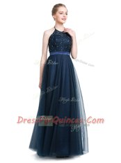 Unique Navy Blue Empire Tulle Halter Top Sleeveless Beading Floor Length Zipper Prom Dress