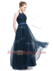 Unique Navy Blue Empire Tulle Halter Top Sleeveless Beading Floor Length Zipper Prom Dress