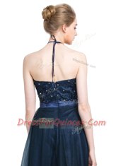 Unique Navy Blue Empire Tulle Halter Top Sleeveless Beading Floor Length Zipper Prom Dress