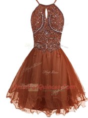 Brown A-line Organza Halter Top Sleeveless Beading Mini Length Zipper Dress for Prom