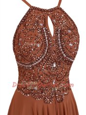 Brown A-line Organza Halter Top Sleeveless Beading Mini Length Zipper Dress for Prom