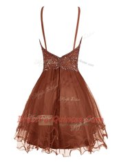 Brown A-line Organza Halter Top Sleeveless Beading Mini Length Zipper Dress for Prom