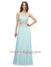 Light Blue Two Pieces Scoop Sleeveless Chiffon Floor Length Zipper Beading Prom Dress