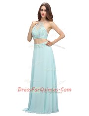 Light Blue Two Pieces Scoop Sleeveless Chiffon Floor Length Zipper Beading Prom Dress