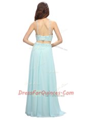 Light Blue Two Pieces Scoop Sleeveless Chiffon Floor Length Zipper Beading Prom Dress