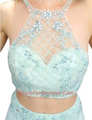 Light Blue Two Pieces Scoop Sleeveless Chiffon Floor Length Zipper Beading Prom Dress