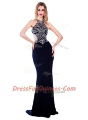 Best Selling High-neck Sleeveless Evening Dress With Train Sweep Train Beading Navy Blue Silk Like Satin