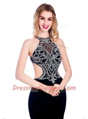 Best Selling High-neck Sleeveless Evening Dress With Train Sweep Train Beading Navy Blue Silk Like Satin