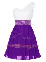 One Shoulder White And Purple Empire Beading Prom Evening Gown Zipper Chiffon Sleeveless Mini Length