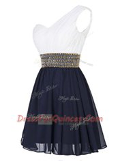 One Shoulder White And Purple Empire Beading Prom Evening Gown Zipper Chiffon Sleeveless Mini Length