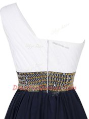 One Shoulder White And Purple Empire Beading Prom Evening Gown Zipper Chiffon Sleeveless Mini Length