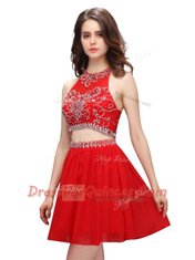 Exquisite Red Scoop Neckline Beading Prom Dress Sleeveless Zipper