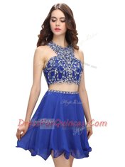 Blue Two Pieces Chiffon Scoop Sleeveless Beading Mini Length Zipper Prom Evening Gown