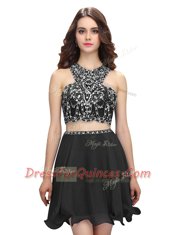 Blue Two Pieces Chiffon Scoop Sleeveless Beading Mini Length Zipper Prom Evening Gown