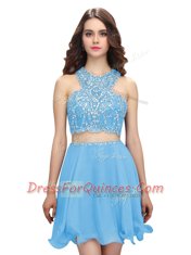 Blue Two Pieces Chiffon Scoop Sleeveless Beading Mini Length Zipper Prom Evening Gown