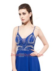 Spaghetti Straps Sleeveless Sweep Train Backless Evening Dress Royal Blue Chiffon
