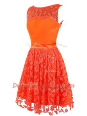 Column/Sheath Evening Dress Orange Red Scoop Lace Sleeveless Mini Length Zipper