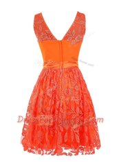 Column/Sheath Evening Dress Orange Red Scoop Lace Sleeveless Mini Length Zipper