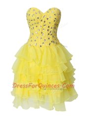 Nice Sleeveless Chiffon Mini Length Zipper in Yellow with Beading and Ruffled Layers