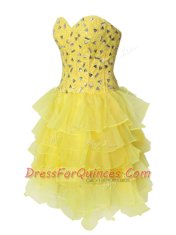 Nice Sleeveless Chiffon Mini Length Zipper in Yellow with Beading and Ruffled Layers