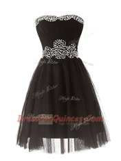 Black A-line Beading Evening Dress Zipper Tulle Sleeveless Mini Length