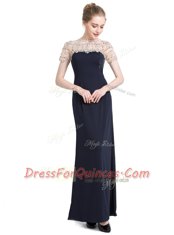 Vintage Short Sleeves Chiffon Floor Length Zipper Homecoming Dress in Black with Beading