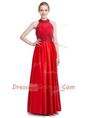 Noble Halter Top Sleeveless Evening Dress Floor Length Beading Red Taffeta
