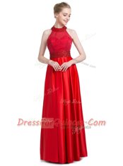 Noble Halter Top Sleeveless Evening Dress Floor Length Beading Red Taffeta