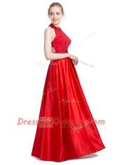 Noble Halter Top Sleeveless Evening Dress Floor Length Beading Red Taffeta