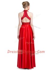Noble Halter Top Sleeveless Evening Dress Floor Length Beading Red Taffeta